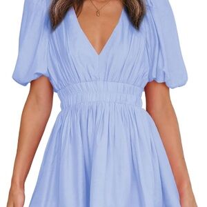 Summer Mini Dress Puff Short Sleeve Sexy V Neck